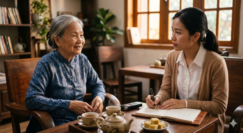 Người chắp bút hồi ký đang lắng nghe và ghi chép câu chuyện từ khách hàng.
